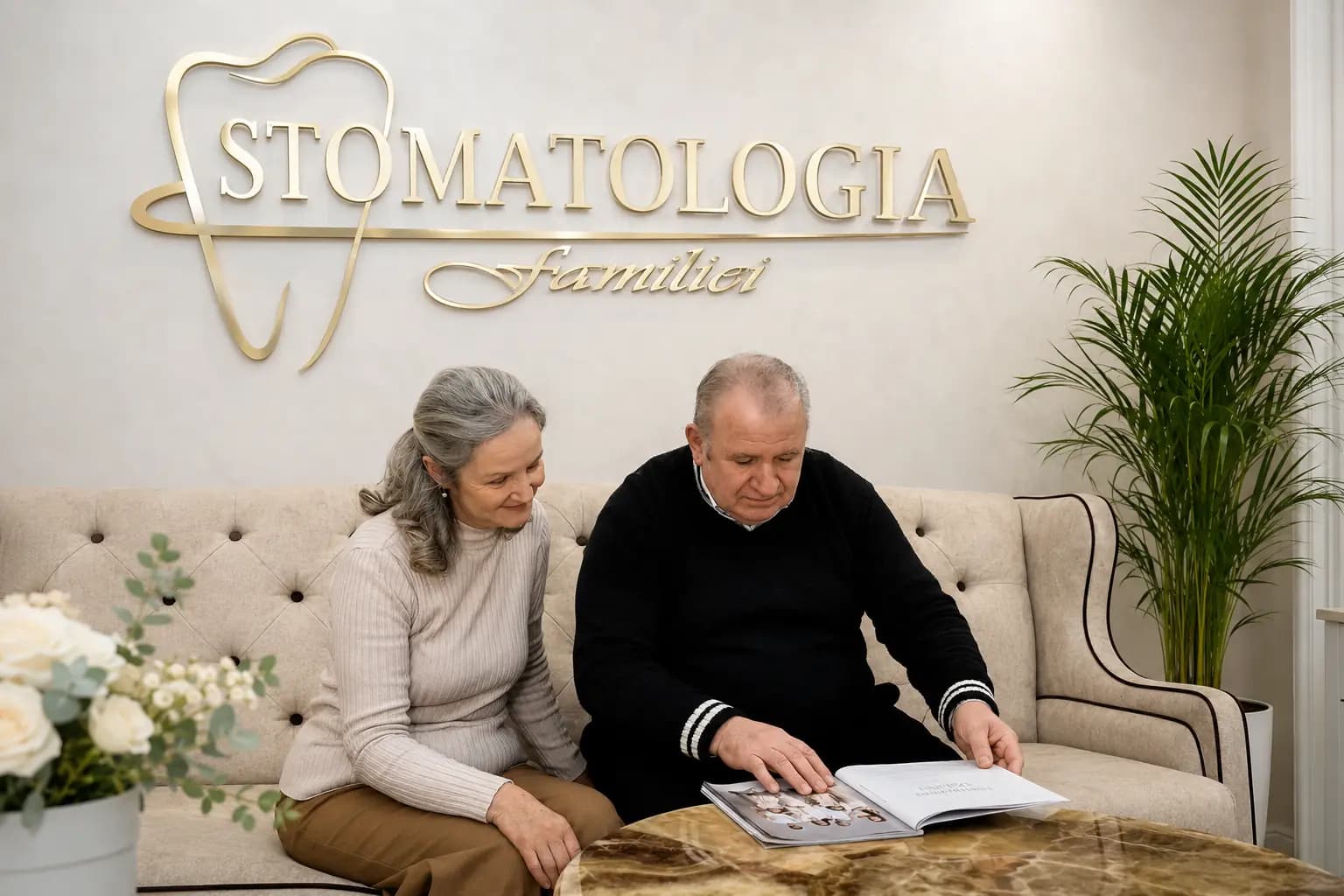 Pacienți seniori consultând planul de tratament la Stomatologia Familiei