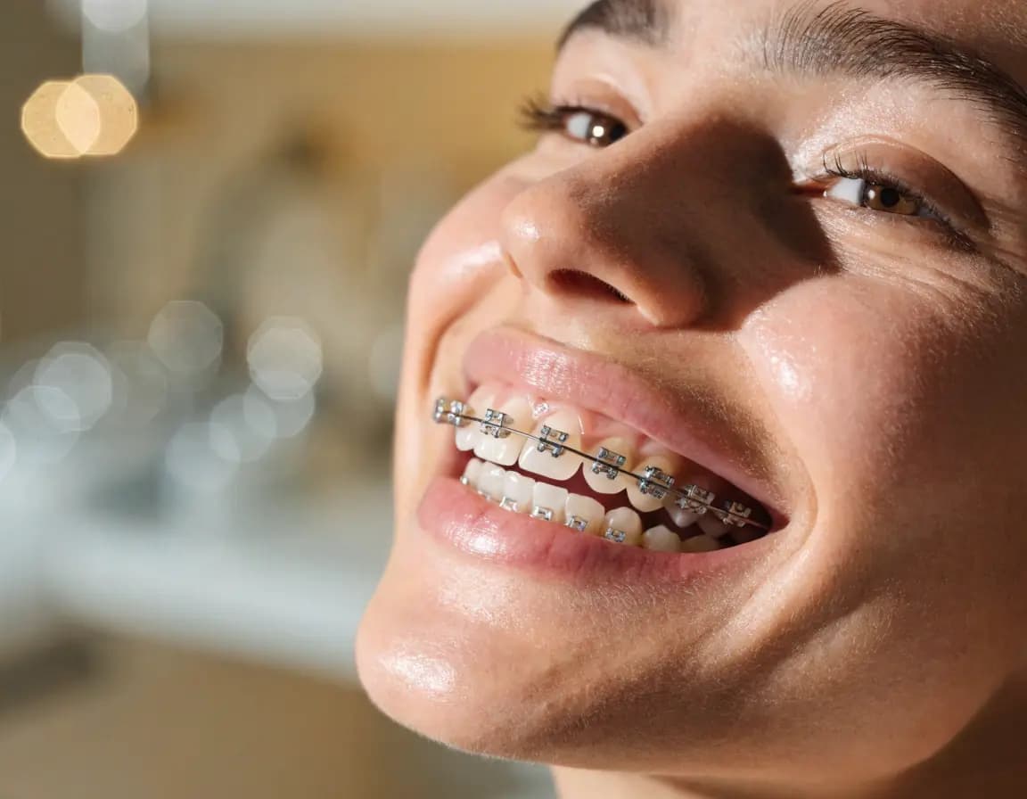 Pacientă care poartă aparat dentar ortodontic