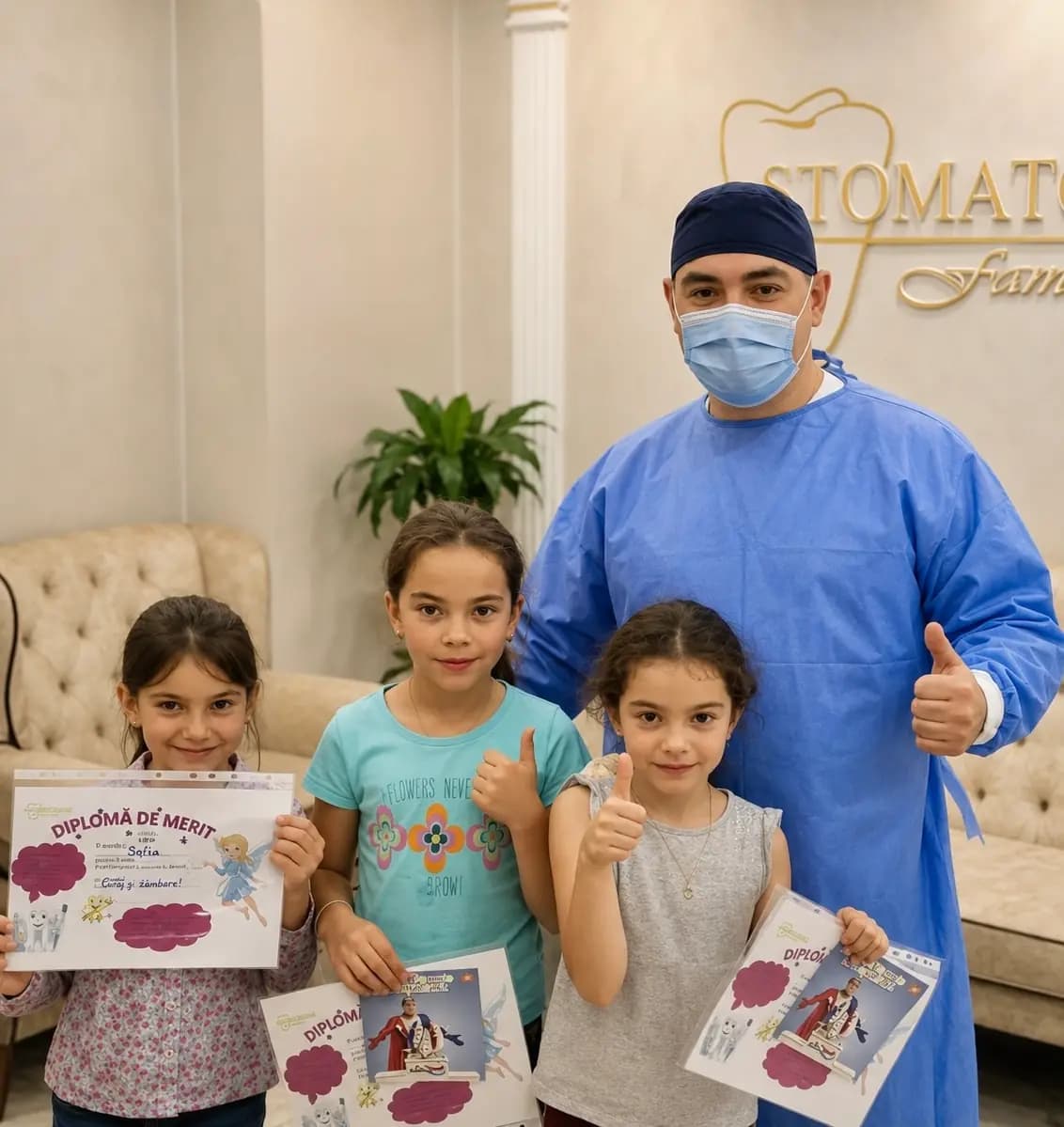 Medic stomatolog alături de copii după tratamentul dentar